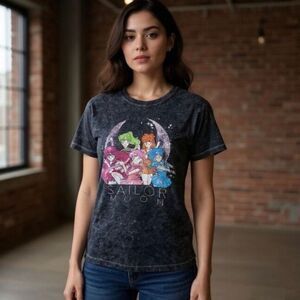 Sailor Moon Gray-Wash Distressed T Shirt  Size XS
